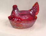 Red Hen On Nest Carnival Glass Candy/Cookie Jar Red Hen On Nest Carnival Glass Candy/Cookie Jar