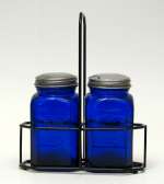 .Glass-Blue Square Salt & Pepper Shakers in Basket