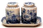 Blue Willow Style Porcelain Salt & Pepper Set w Tray Blue Willow Style Porcelain Salt & Pepper Set w Tray