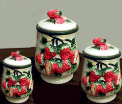 Strawberry 3 Graduated Ceramic Storage Jar Canisters Strawberry 3 Graduated Ceramic Storage Jar Canisters