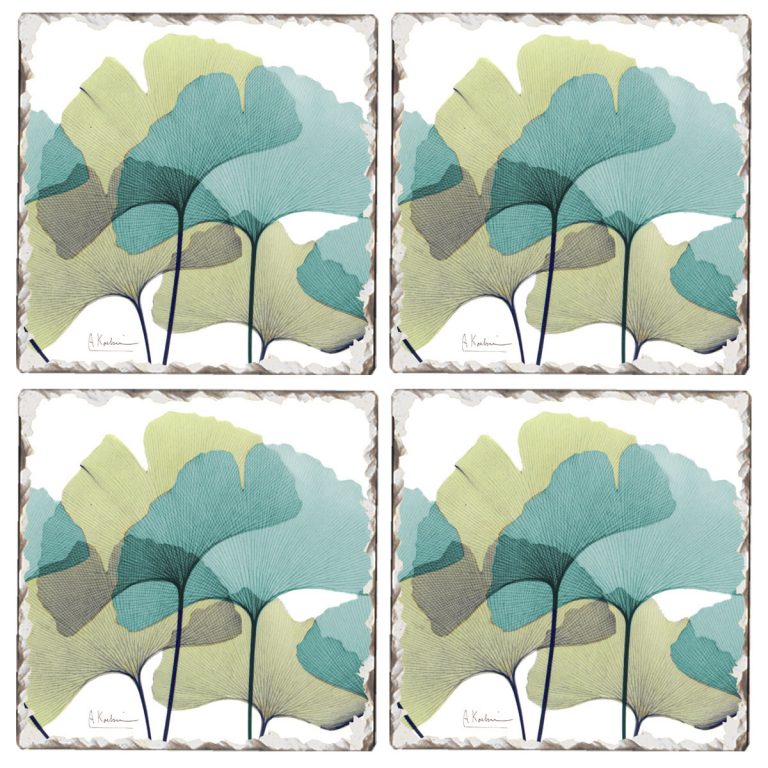 4 CorkBacked Coasters Teal Floral Gingko Leaf