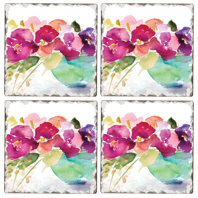 * 4 Cork-Backed Coasters Floral Bowl of Blooms