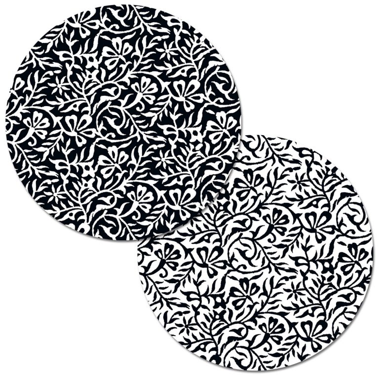 * - 4 Black-White Woodblock Reversible Round Plastic Placemats