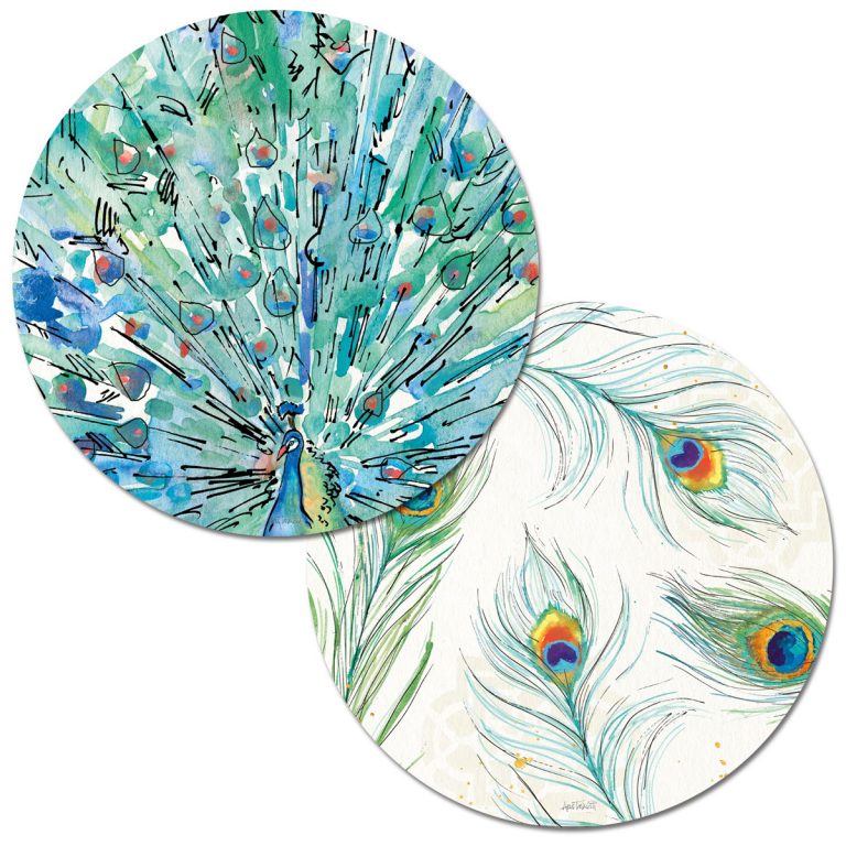 * 4 Reversible Round Plastic Placemats Teal Blue Peacock Garden